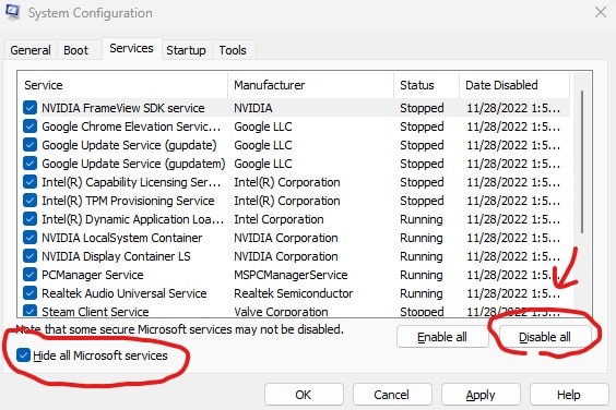 hide and disable services for 100% Disk Usage on Windows 11